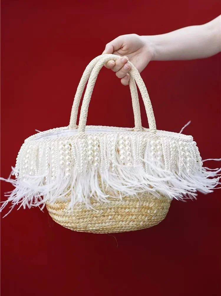 Fashion Pearl Beaded Ostrich Hair Beach Bag Lady Pure Straw Wove Handmade Women Handbag Tote Bag Leisure Holiday Shoulder Bag