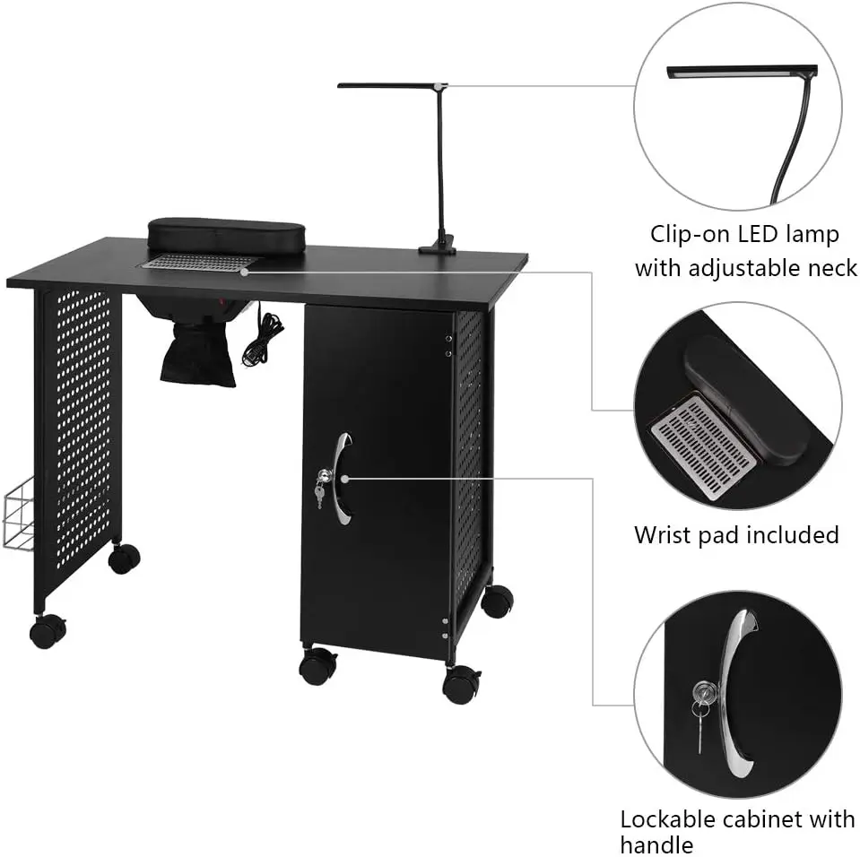 Manicure Table Nail Desk with Electric Downdraft Vent, Beauty Spa Salon Workstation Iron Frame with Lockable Cabinet, Sid