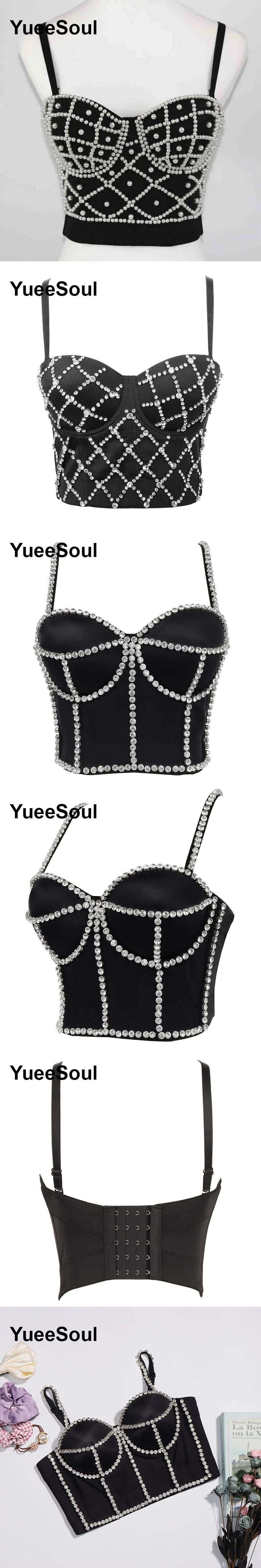 Black Y2K Tops White Rhinestone Sequins Tassel Slim Crop Top New Gothic Party Club Wedding High Street Sexy Corset Top Camis