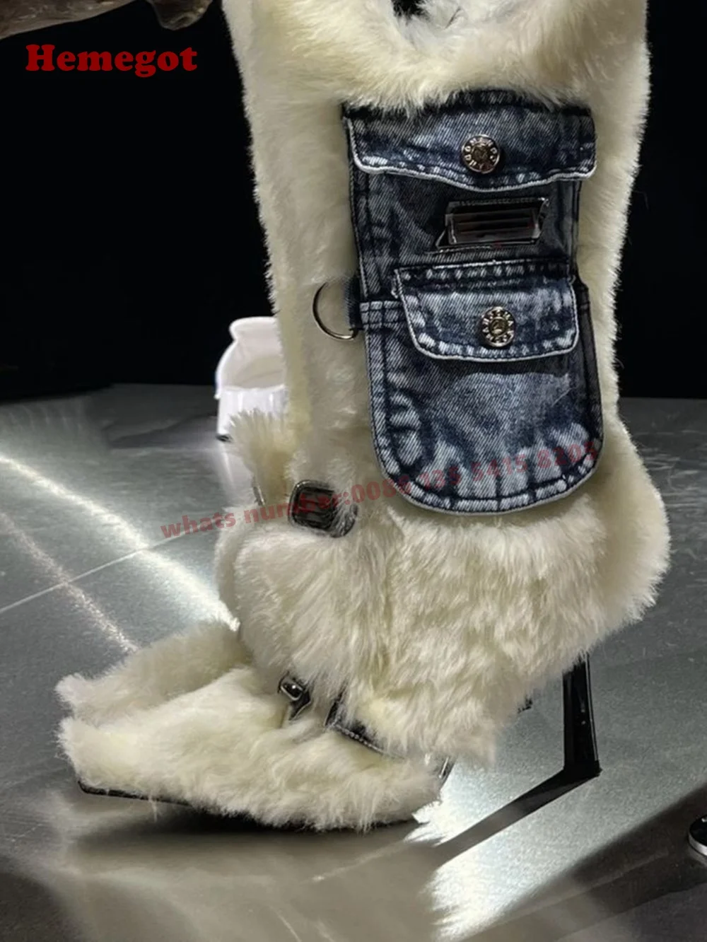 Fur Pocket Fluffy Stiletto Long Boots Pointy Toe Side Zipper Plush Women's Mid-Calf Boots 2025 White Patchwork Shoes Sexy Luxury