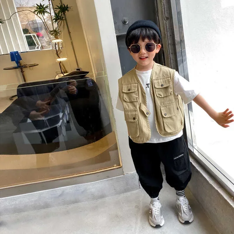 Spring Autumn Boys Sleeveless Thin Jacket Coat Outdoor Cotton Vest Multi Pocket Tank Top Boys Outfit Children Clothes