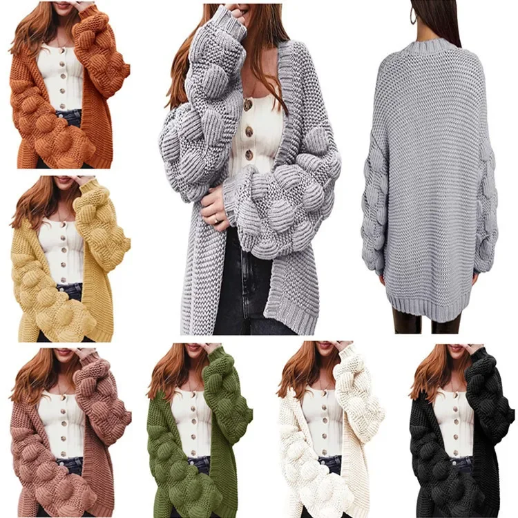 Cardigan Sweater Cross-border New Knitted Sweater Autumn and Winter Medium and Long Bubble Ball Loose Coat