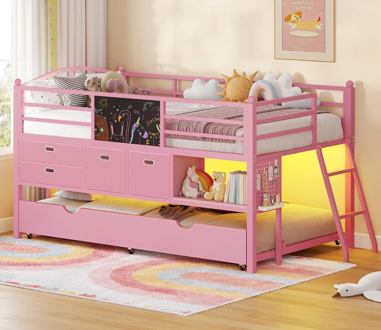 Low Loft Bed Twin Size with Trundle & 4 Storage Drawers, Pink | Kids Loft Bed with RGB LED Light, Open Cubbies, DIY, Customized