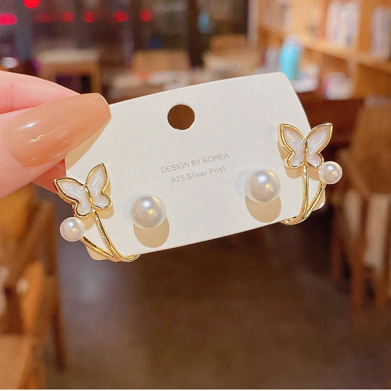 Enamel White Butterfly Imitation Pearl Stud Earrings Women Korean Design Two in One Jewelry Birthday Friend Christmas Gift