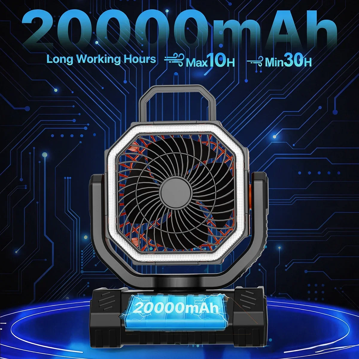 20000mAh Camping Fan Battery Powered Fan 4 Speeds with LED Light/Hook Rechargeable Outdoor Fan for Party/Power Outage/Fishing