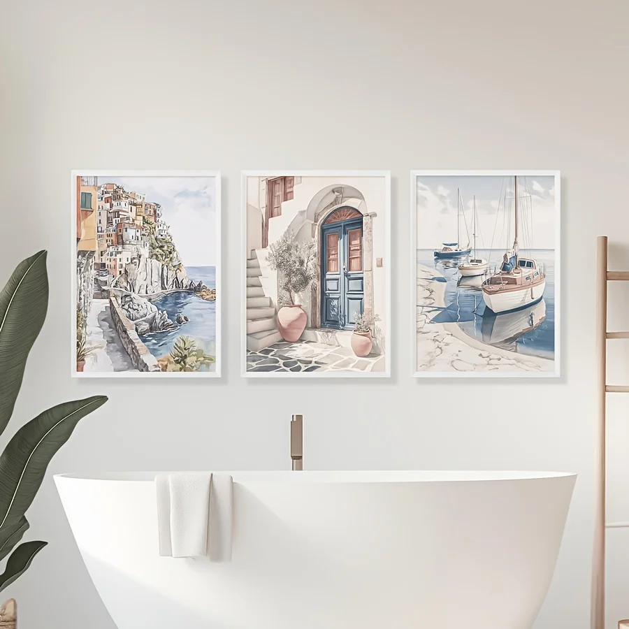 3PCS frameless decorative art print,Watercolor Mediterranean Coast Canvas Wall Art Italian Cinque Terre Blue Door Sailboat Pr
