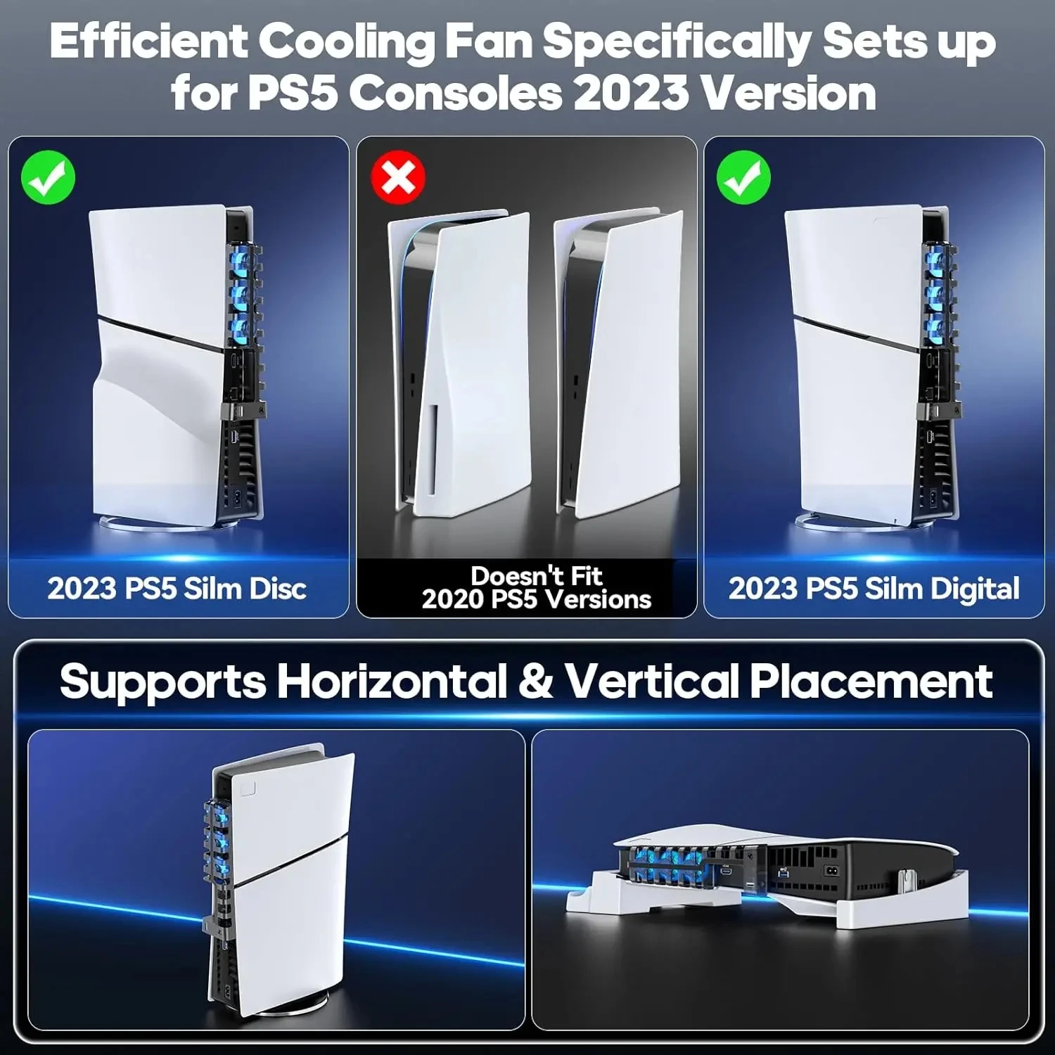 For PS5 Slim Disc & Digital Playstation 5 Console Cooling Fan 3-Level Cooler with Blue Ambient Light Efficient Accessories