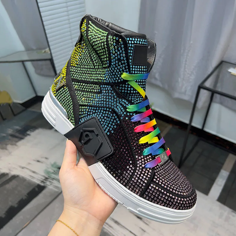 

Luxury Designer's Autumn Winter New Men's Sneakers Water Diamond High Top Men's Running Shoes Fashion Leather Casual Short Boots