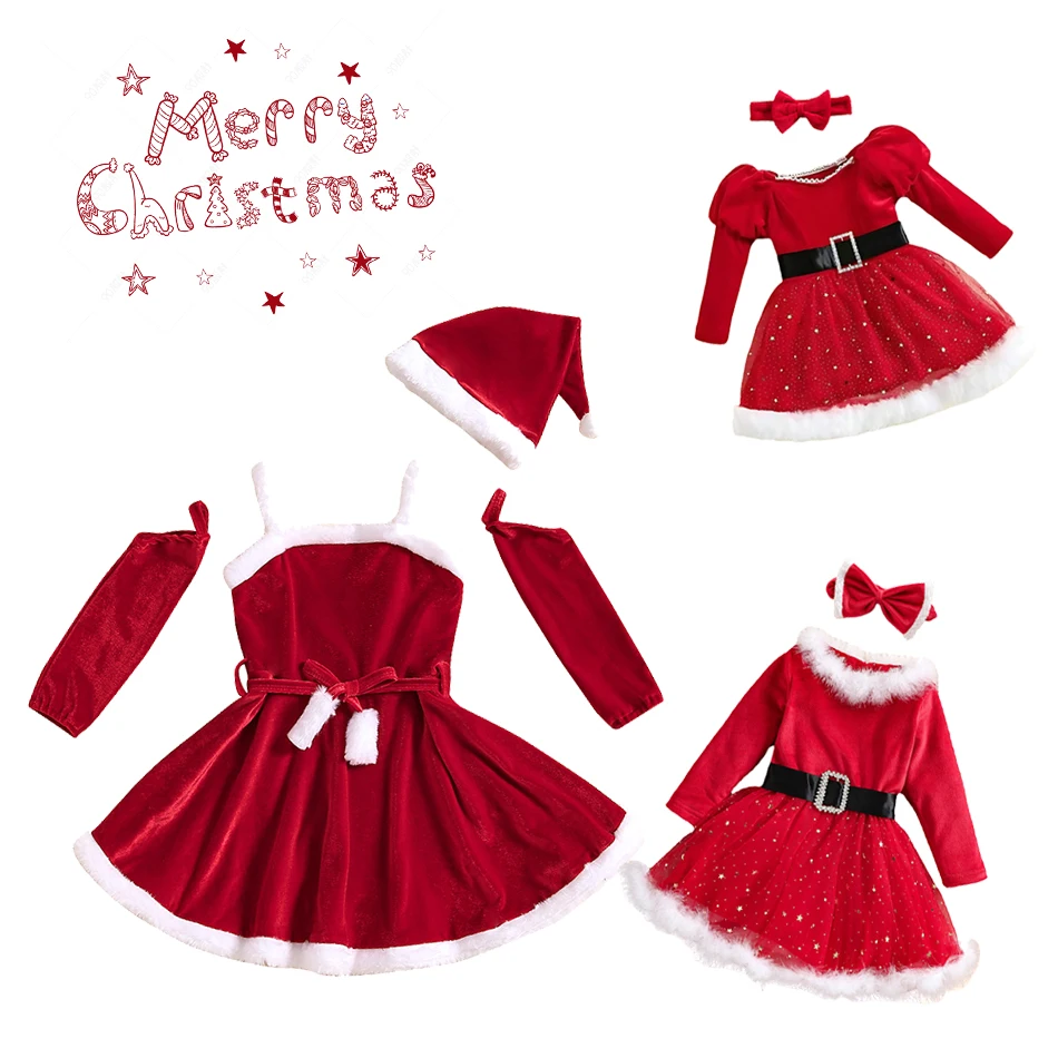 فستان عيد الميلاد المخملي للفتيات، تنورة من التول على شكل نجمة مع حواف غامضة لحفلات الأميرات والعطلات، فستان رسمي بأكمام طويلة