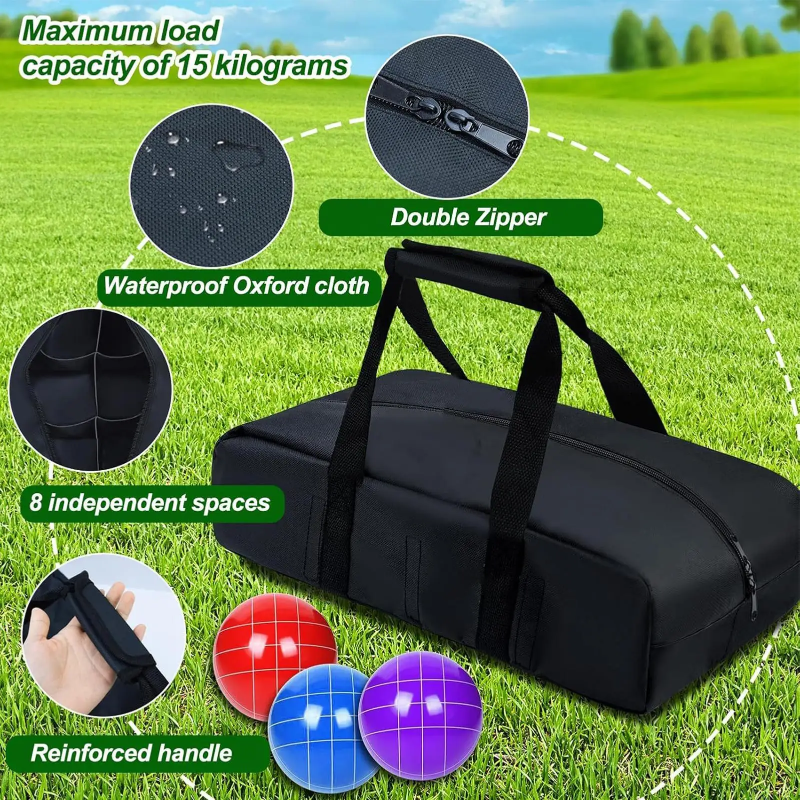 Borse per palline Borsa impermeabile a 8 scomparti Comodo set di palline Bocce Borsa per il trasporto per l'allenamento sulla spiaggia del prato nel cortile interno ed esterno