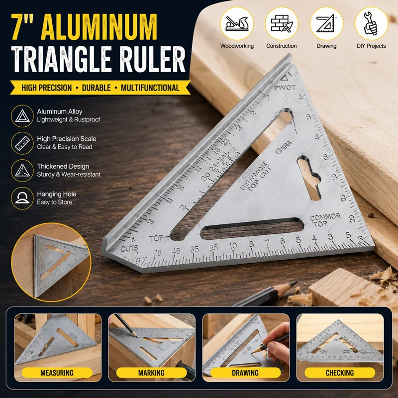 

7 Inch Carpentry Triangle Ruler Aluminum Alloy Angle Measuring Tool for Framing Roofing and Woodworking Layout