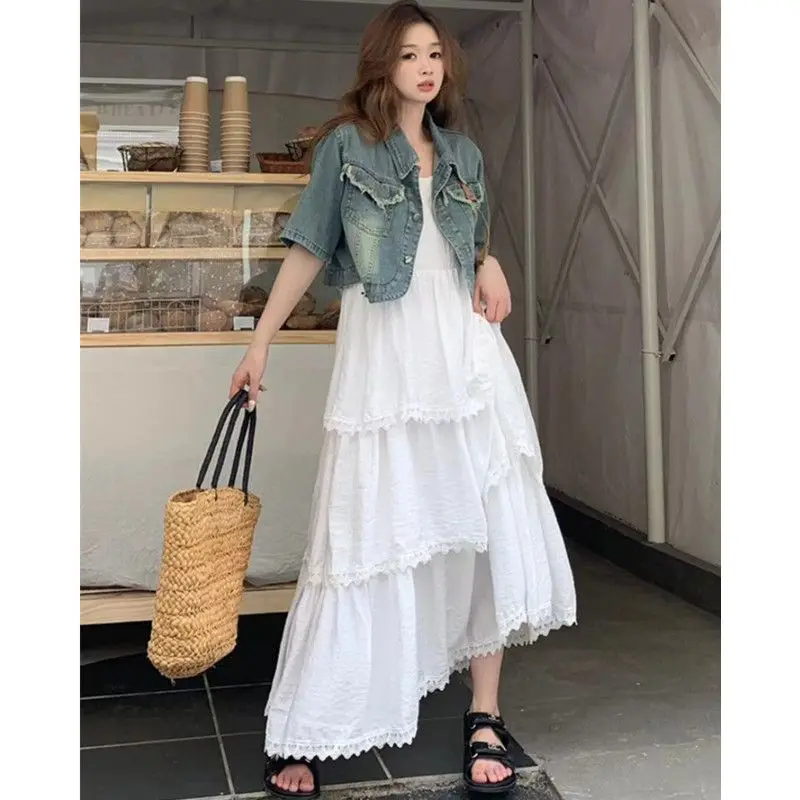 Korean Ins Fashion Two-piece Set Women Short-sleeved Loose Denim Crop Top Jacket and Girls Aesthetics White Cake Long Dress Suit