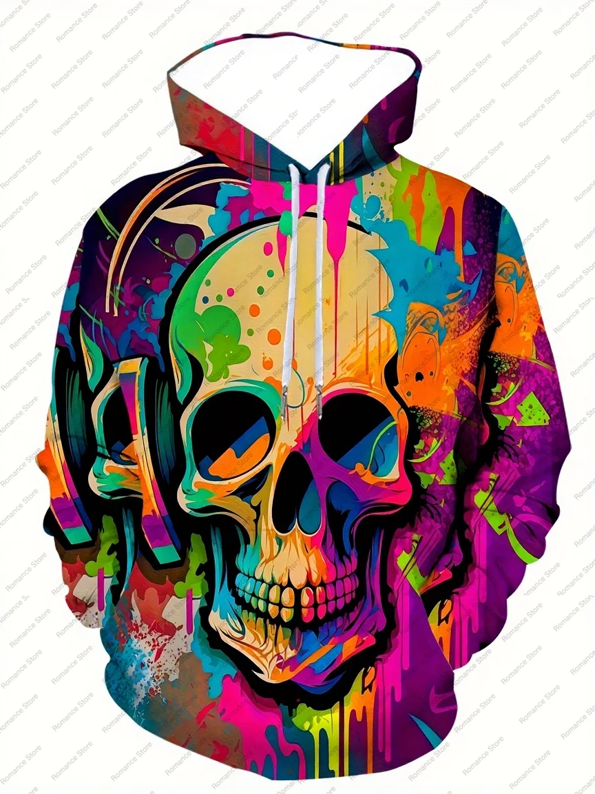Vibrant Colorful Graffiti Art Men's 3D Skull Hoodie Headphones Design  Casual for Fall and Winter Women's Hoodie Kids Hoodie