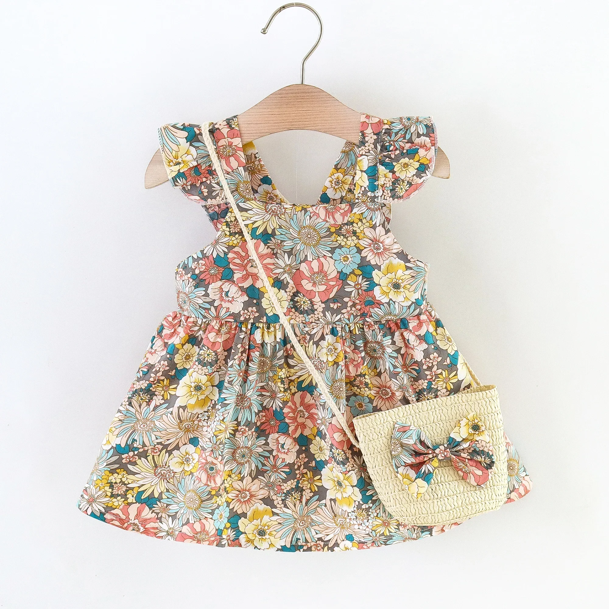 

2 Pcs Summer New Baby Girl Dress Fashionable Floral Fly Sleeve Cotton Dress with Crossbody Bag Suitable for Babies Aged 0-3