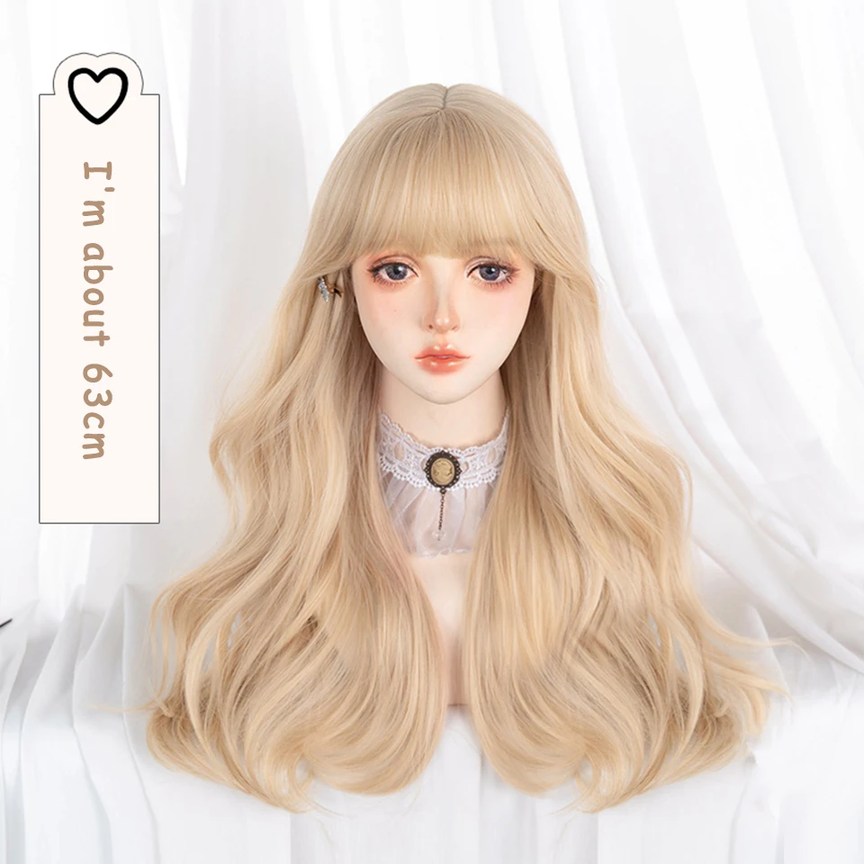 LM Long Natural Wavy Platinum Blonde Wigs With Bangs Cosplay Party Lolita Synthetic Wigs for Women Heat Resistant Fiber