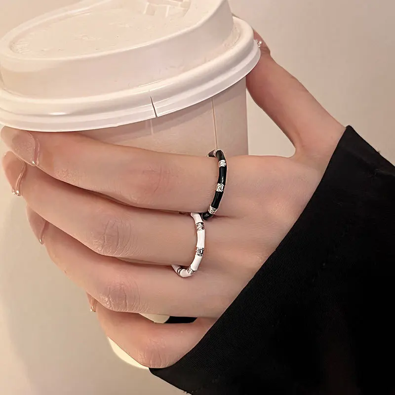 Women's 925 Sterling Silver Black & White Bamboo Adjustable Ring, Luxury