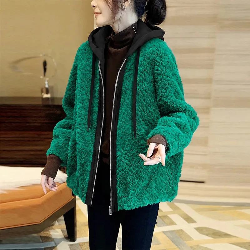 Green Plush Jackets For Women 2023 Zipper Hooded Stitching Coat Autumn Winter Fashion Long Sleeves Chamarras Para Mujer