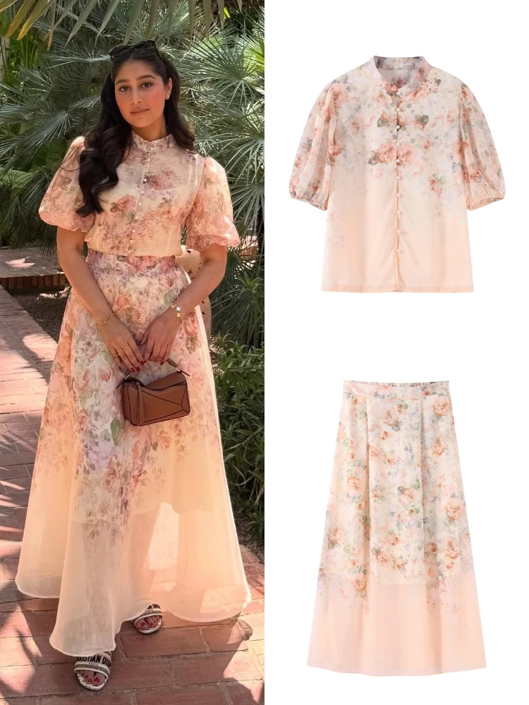 

Printed Short Sleeve Top Long Skirt Suits Women Elegant O-neck Single Breasted Tops High Waist A-line Skirts Fashion Lady Outfit