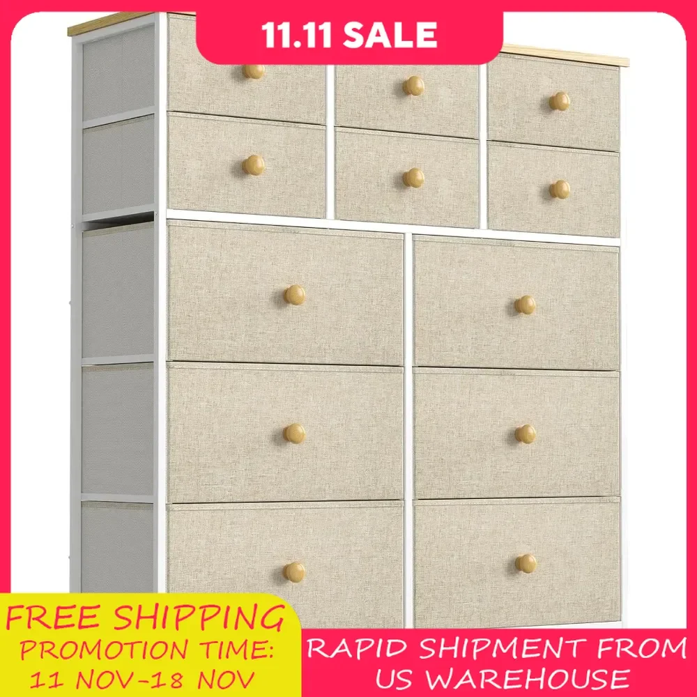 12 Drawer Dresser for Bedroom Chest of Drawers Closets Storage Units Organizer Large Capacity Steel Frame Wooden Top (Taupe)