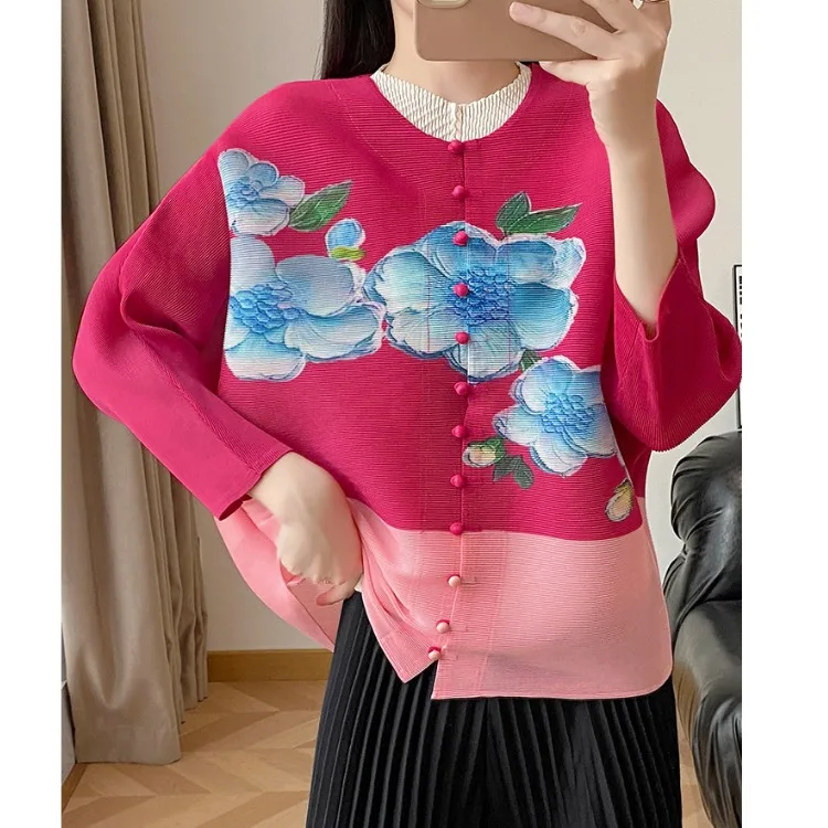 

Ele Pleated ort Printed Batwing Sve Women's irt Loose Fit Open Cardigan Sle Versatile Top Spring Faion Outerwear