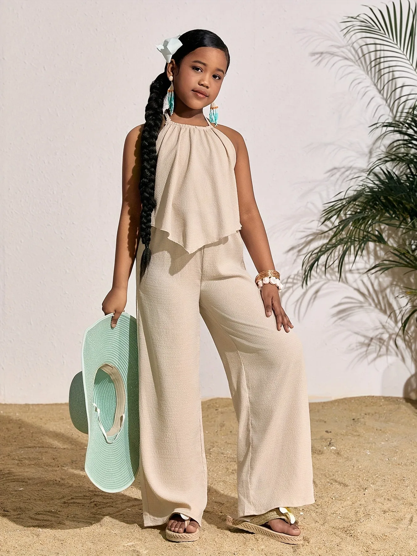 Breathable two-piece casual set for girls, wrinkle-resistant crepe fabric tank top and trousers set, suitable for vacations, sho
