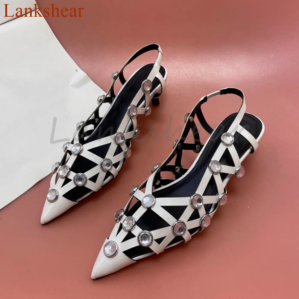 Okrągłe diamentowe sandały damskie Hollow Fashion Solid Summer Slip On Kitten Heel Sexy Runway Show Women Shoes New Arrivals