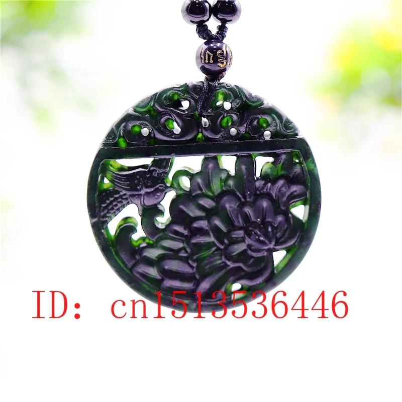 

Chinese Natural Black Green Jade Flower Bird Hollow Double-sided Pendant Necklace Jewellery Man Woman Amulet Gifts Sweater Chain
