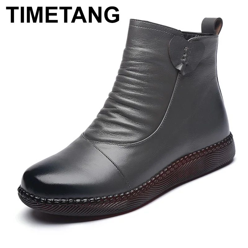 TIMETANG Autumn Women's Shoes Leather Boots Women Fashion Winter Boots Women Warm Non-slip Flat Shoes Thick-soled Women Shoes