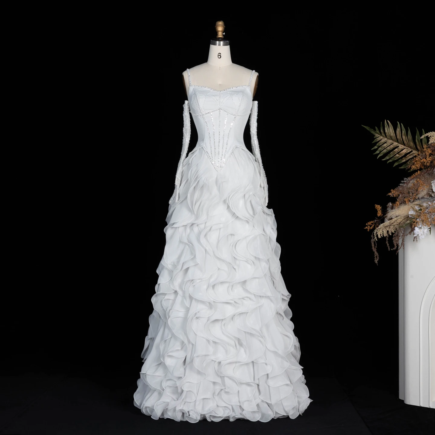 Sharon Said Luxuriöses graues Abendkleid mit Spaghettiträgern, Korsett-Oberteil, gerüschtem Chiffon, für formelle Anlässe, Partykleider SS672, maßgeschneidert – Detail 6