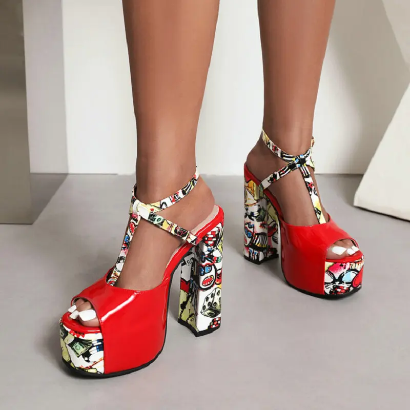 Colorful Print Cover Heel Block Heels Open Toe Women Sandles Ankle Wrap Party Dress Shoes Fashion Sexy Ladies Heeled Sandals