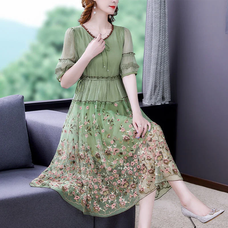 Heavy Industry Embroidered Imitation Silk Dress 2024 Summer New High-End Temperament Thin Brand Mulberry Silk Mid-Length Skirt