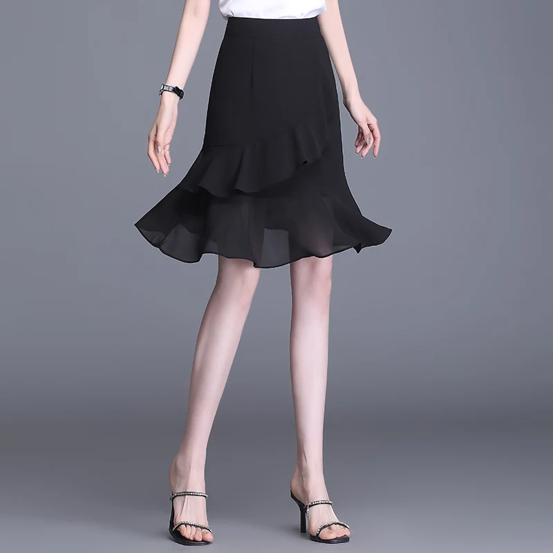ZUZK Women Black Chiffon Skirt New Summer Soft High Waist Elegant Lady Skirt Simple Droop Knee-Length Skirt Jupe