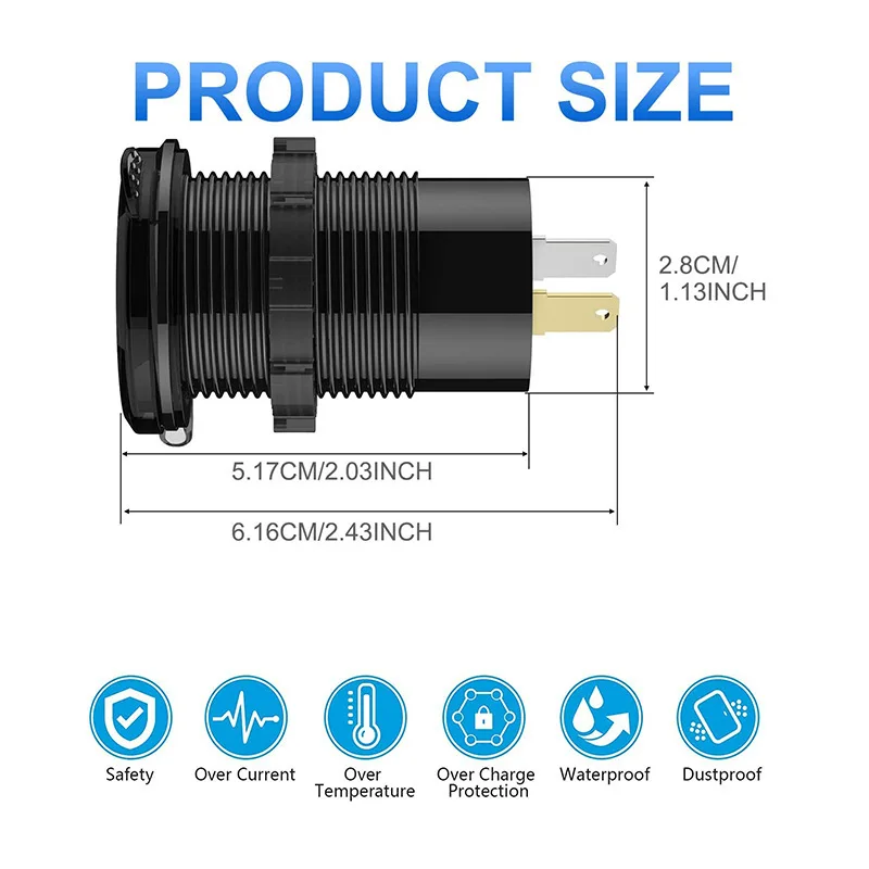 12V USB Car Charger Socket Dual PD & QC Aluminum Waterproof Power Outlet Adapter with Voltmeter for Marine Boat Motorcycle RV