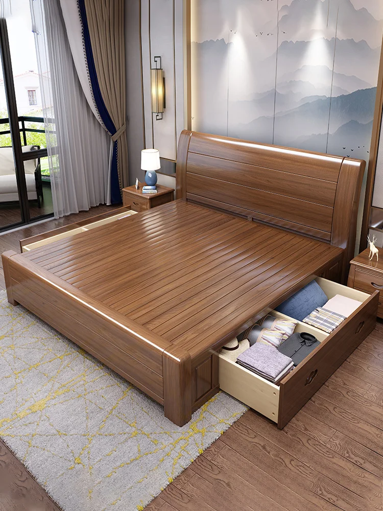 Modern and minimalist Chinese style full solid wood bed, golden walnut wood bed, 1.8m double bed, master bedroom, king bed,