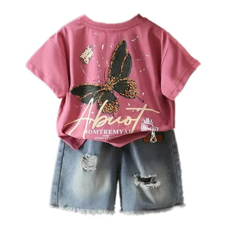 

Высококачественная летняя модная детская одежда, одежда для мальчиков, костюмы, детские хлопковые футболки с бабочками + джинсовые шорты, костюмы из 2 предметов, От 2 до 11 лет