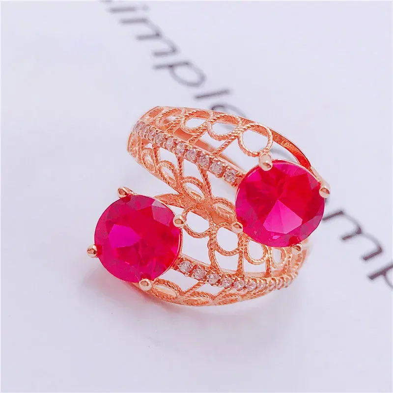 Elegant Red Gem Engagement Ring New in Plated Rose Gold Rings for Women Hollow Out Jewelry Adjustable Opening