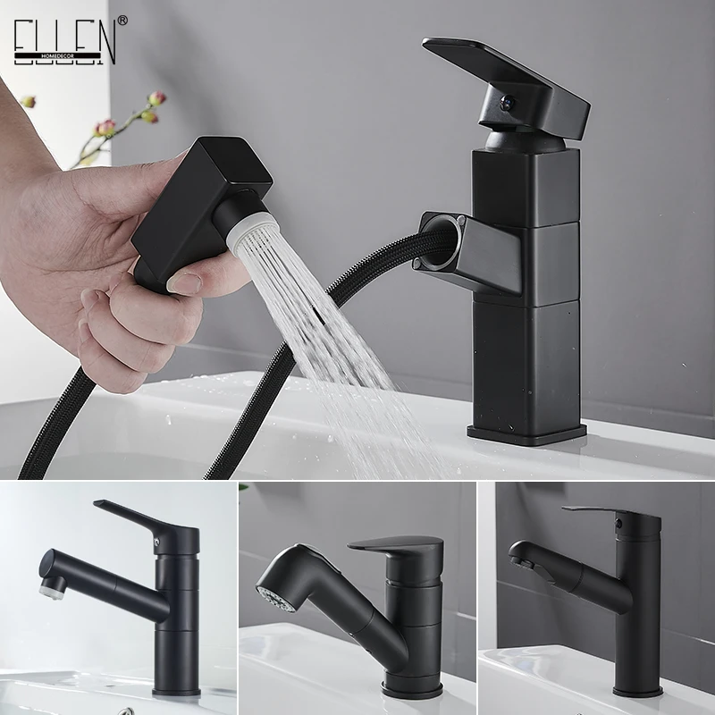 

Pull Out Bathroom Basin Sink Faucet Single Handle Hot and Cold Water Crane Vessel Black Chrome Finished Sink Mixer Tap ELK83