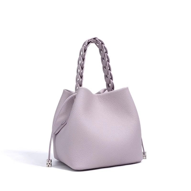 Women All-match Bucket Handbags Vegetable Basket Genuine Leather Female Elegant Shoulder Bags Square Small Tote Bags Purses