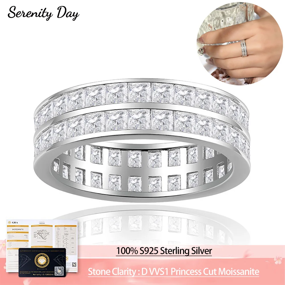 Serenity 4.8ct 2 Row Princess Moissanite Rings for Women Men 100% S925 Sterling Silver Couples Rings Plated 18K Band Jewelry GRA