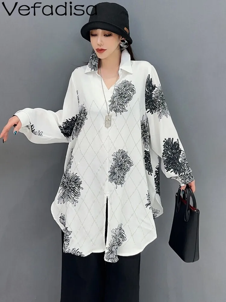 Vefadisa 2025 Spring Autumn New White Printed Women Blouses Turn-down Collar Long Sleeve Long Top Loose All-match Coat ZXY876A