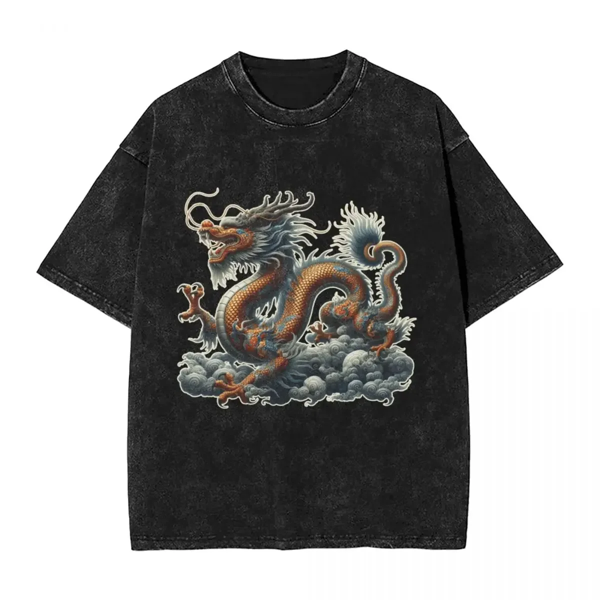 Chinese Loong Dragon woman Men Washed Hot stamping Print T-Shirt,Harajuku Cotton Tshirt Men's Summer Short Sleeve Tees