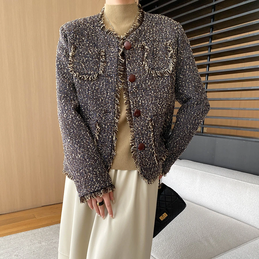 

O Neck Tassel Casual Small Fragrance Jacket Women Long Sleeve Coffee Pocket Fashion Korean Chic Tweed Autumn Winter Lady Jacket