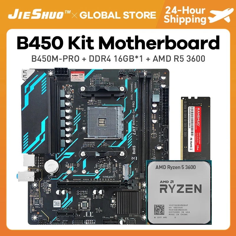 

JIESHUO kit B450 Motherboard AMD Ryzen 5 R5 3600 cpu DDR4 16GB 3200MHz Desktop memory