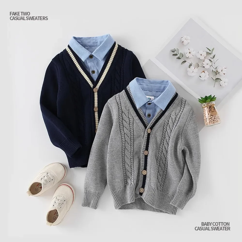 

2023 Spring Autumn Winter 3 5 6 8 10 12 Years England Style Knitted Gently Handsome Fake Two Pieces Sweater For Baby Kids Boys