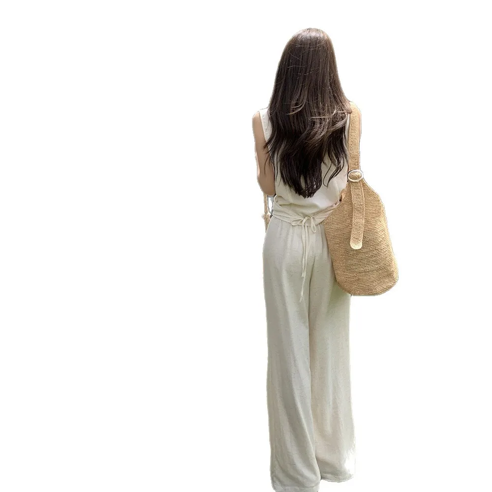 Minimalist Sweet Cream Beige Linen-blend 2-piece Set Sleeveless V-neck Criss-cross Wrap Top High-waist Wide Leg Pants For Women