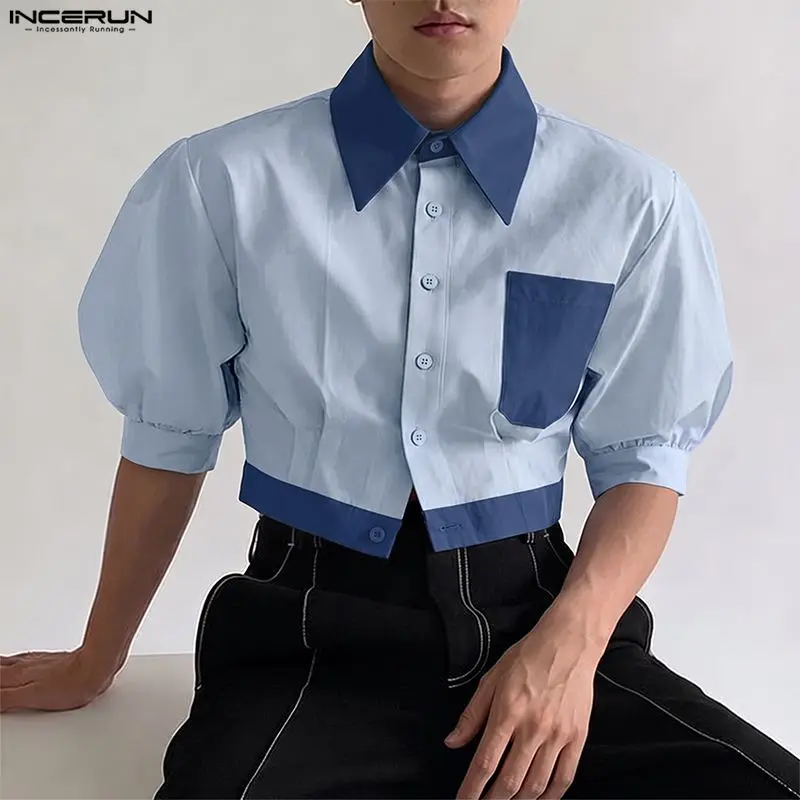 INCERUN Men's Shirt Patchwork Lapel Short Sleeve Color-block Casual Men Clothes Streetwear Loose 2026 Fashion Crop Tops For Man