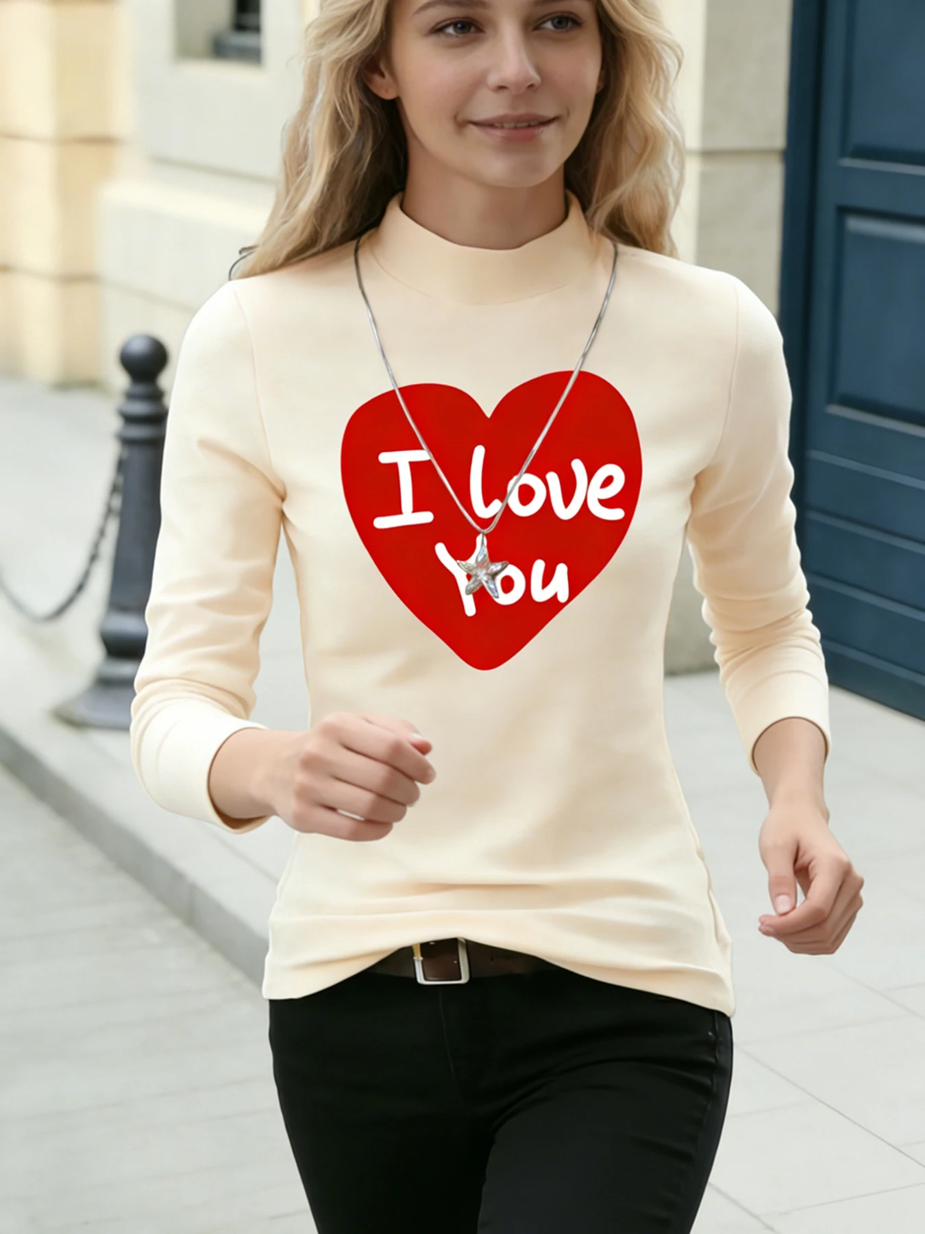 Women Mock Neck Long Sleeve Tops Owl Heart "Ill Owl Ways Love You" Print Casual Blouse Fashion Daily Warm T-Shirt Soft Top