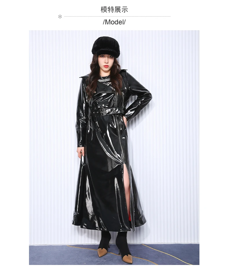 Nerazzurri Autumn Long Fitted Reflective Shiny Soft Stretchy Black Patent Faux Leather Biker Coat Women Zipper European Fashion