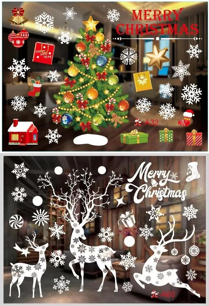 Christmas Xmas Santa Removable Window Stickers Art Decals Wall Home Xmas Tree Decals 2023 New Year Home Decorations Shop Decor