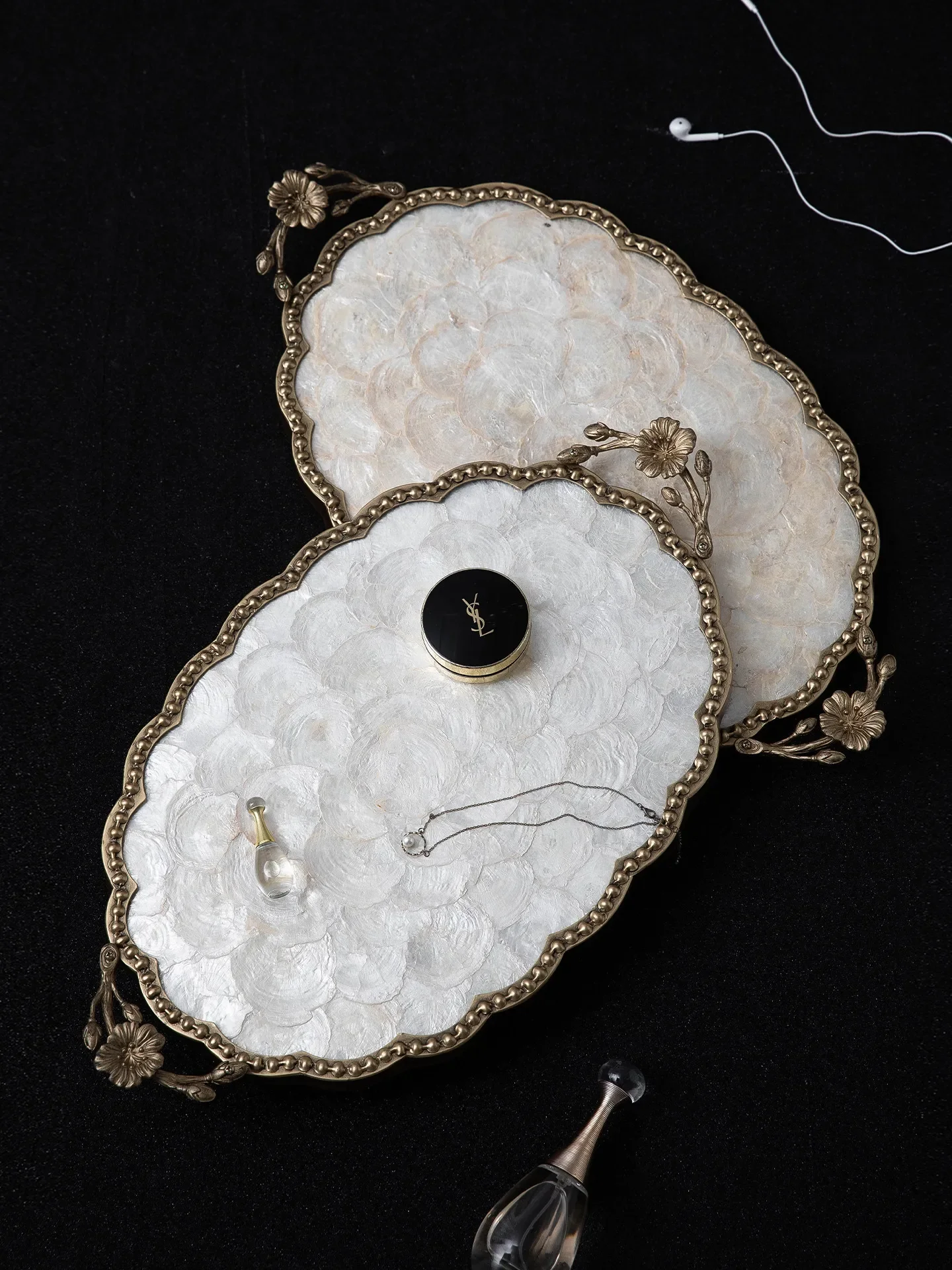 Large Vintage Mother of Pearl Tray with Gold Metal Floral Handle Decorative Serving Tray for Coffee Table Unique Gift